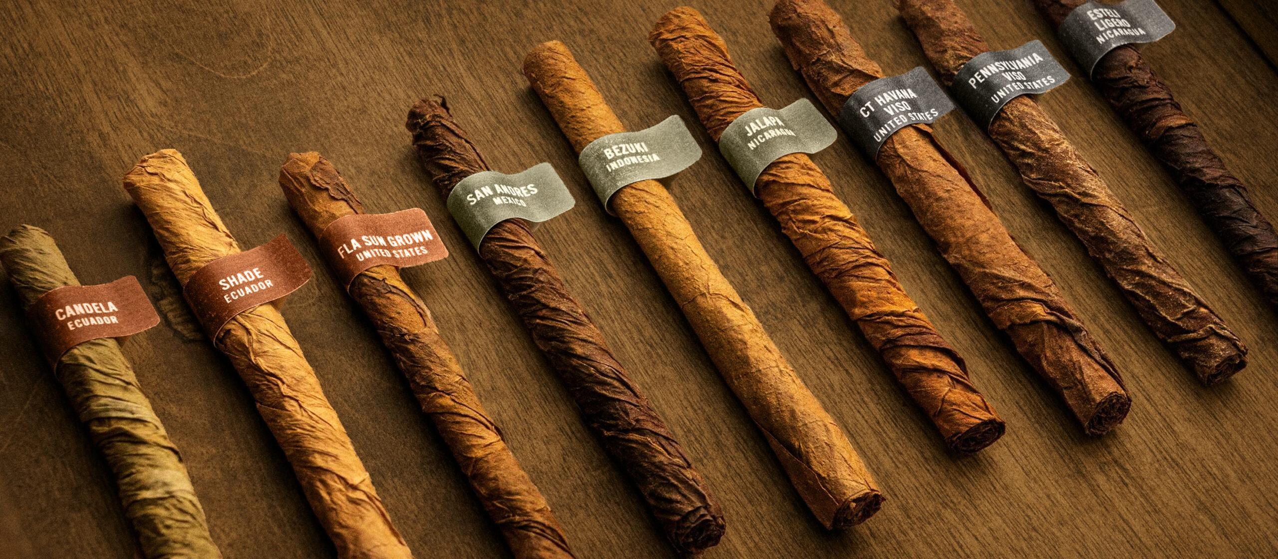 Various cigars laid out on a wooden table